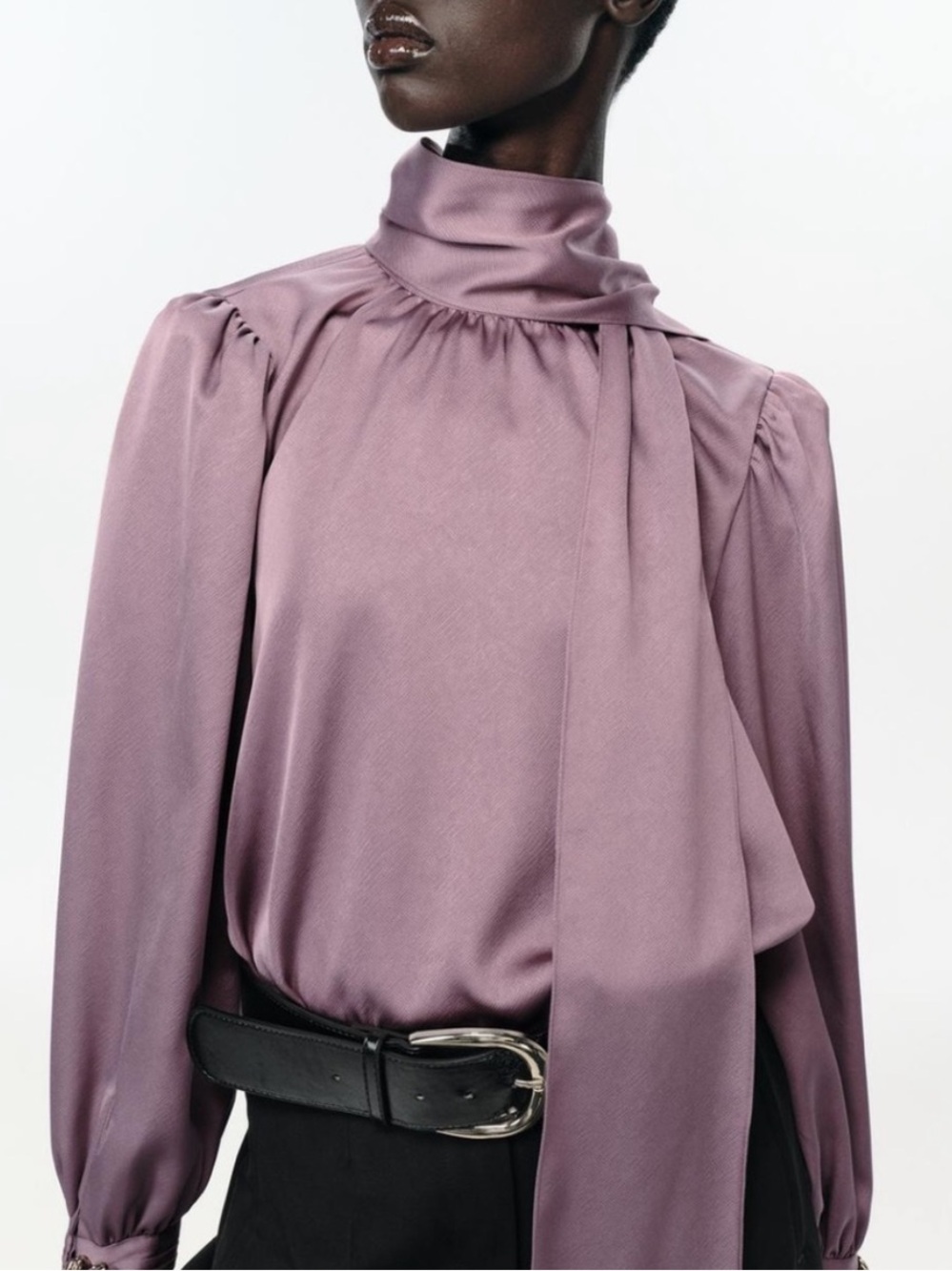 Zara NWT satin shirt with bow mauve 8946/839 - Picture 2 of 6